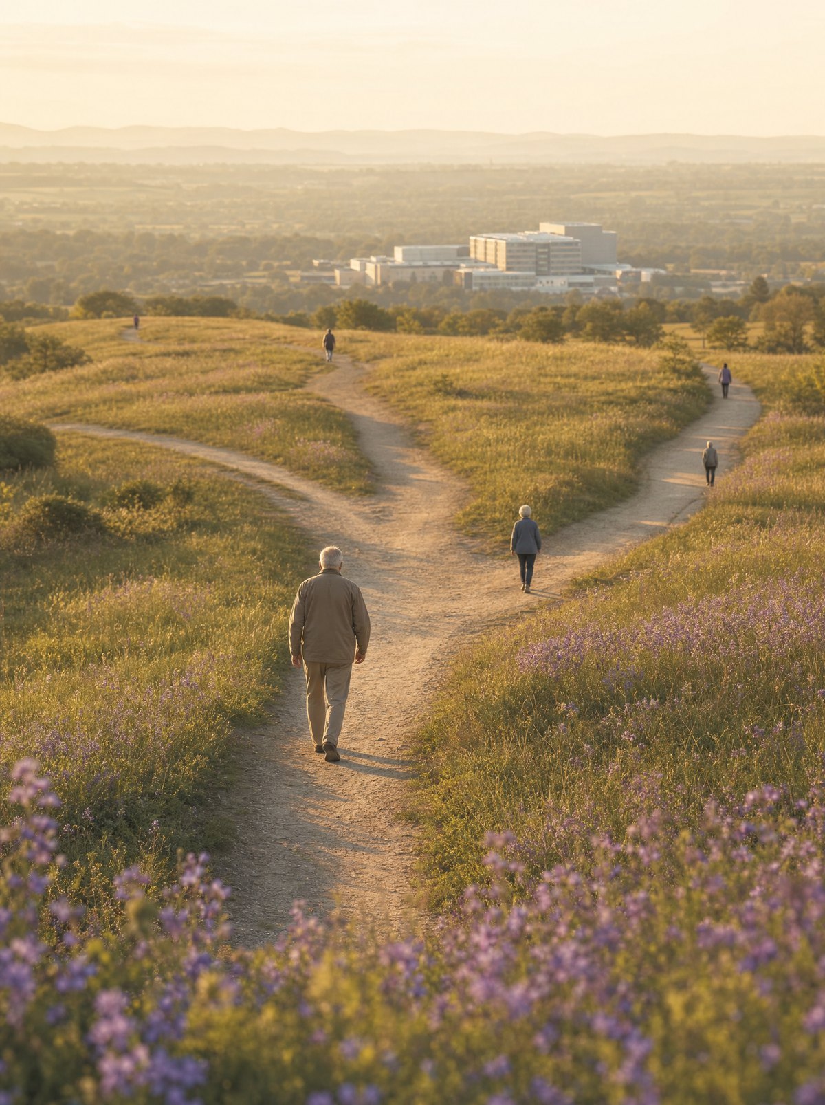 Golden-hour path splitting through a field — most trails drifting away from a distant hospital