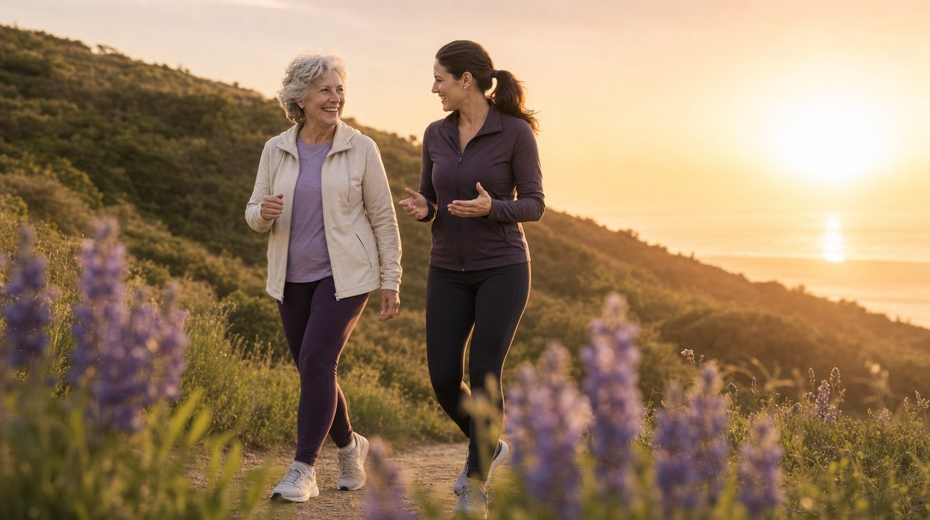 Older adult walking pain-free with a physical therapist at golden hour